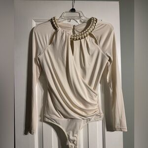 bebe Cream Draped Long Sleeve Bodysuit